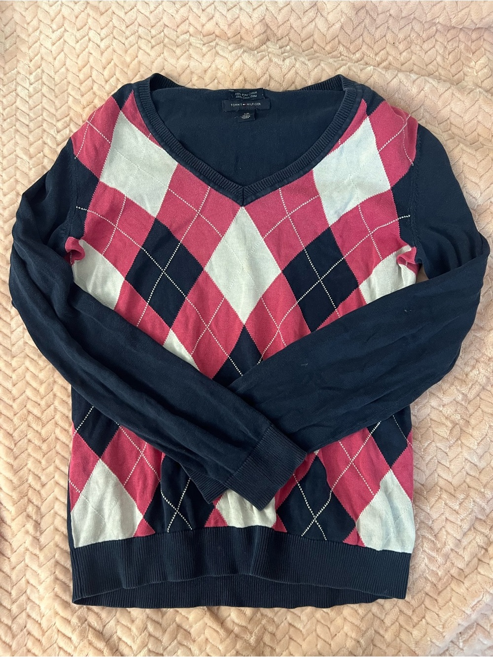 Tommy Hilfiger Argyle V-Neck Sweater - Navy, Red & Cream
